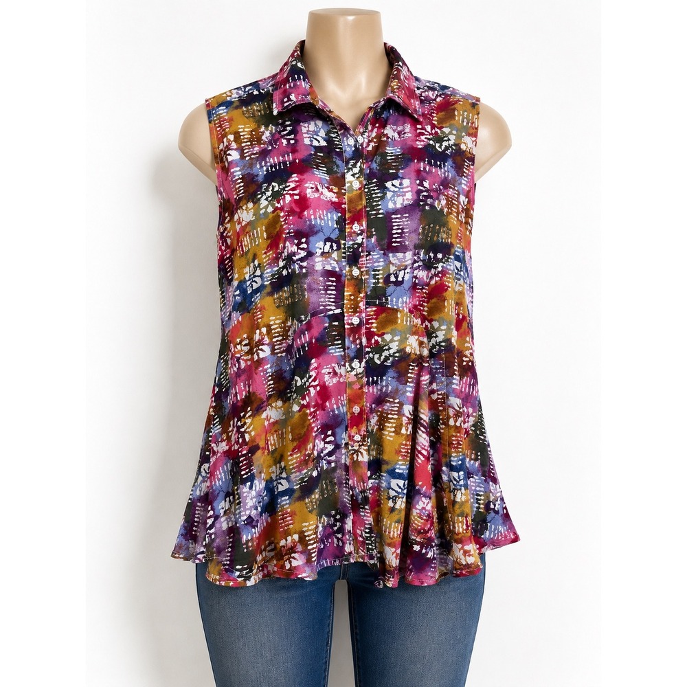 Intro Womens Sleeveless Button Down Shirt Abstract Print Pink Purple Large